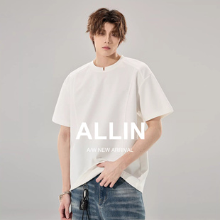 ALLIN 白色曼巴棉短袖T恤男生夏季260g重磅小V领设计情侣潮牌上衣
