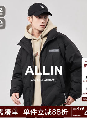 ALLIN 黑色羽绒服男士冬季美式潮牌白鸭绒内胆青少年短款情侣外套