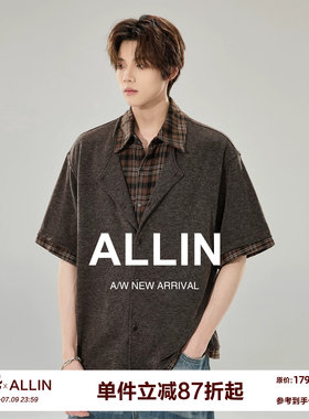 ALLIN 假两件仿兔毛针织短袖衬衫男女夏季透气格子纹翻领拼接衬衣