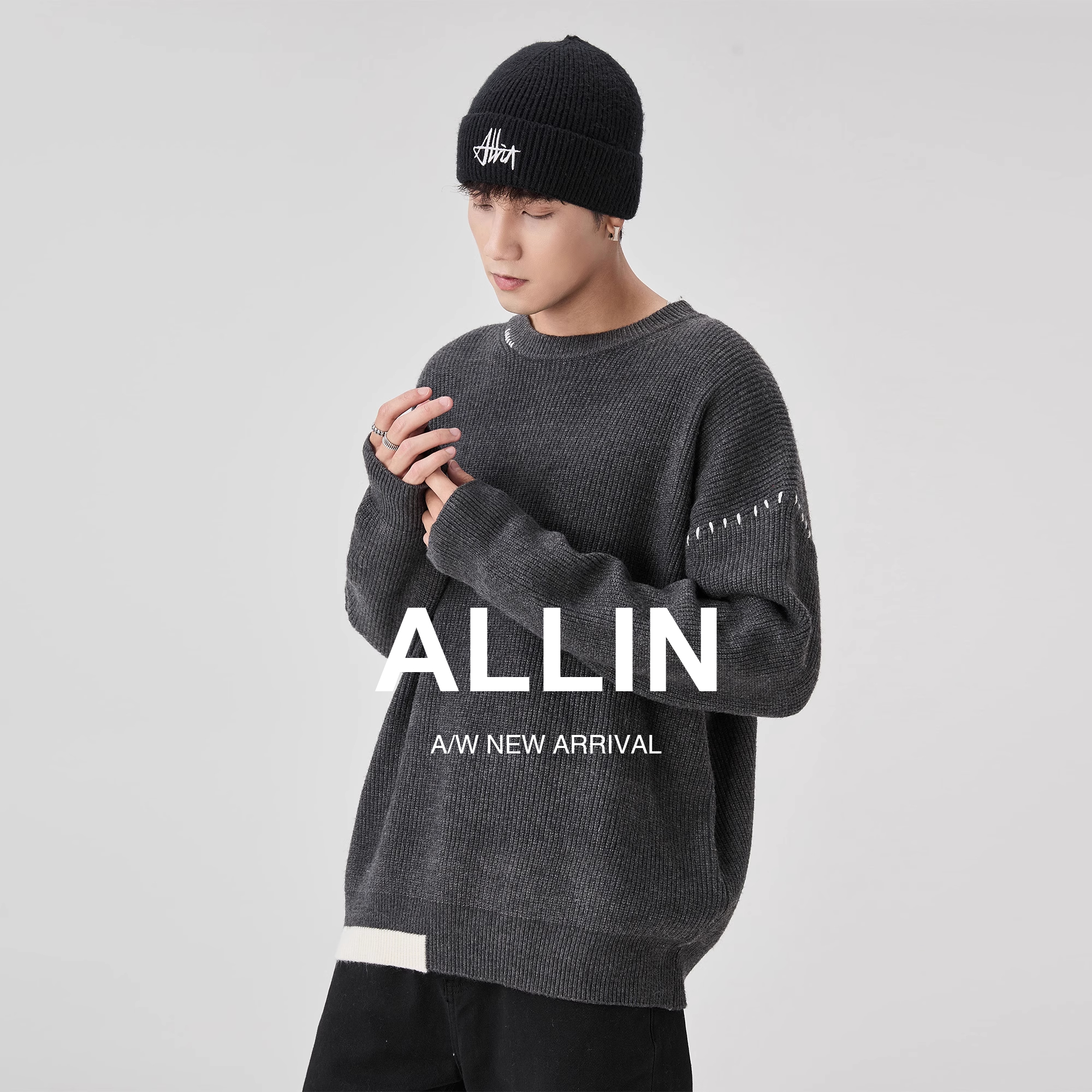 ALLIN 拼接圆领毛衣男秋冬季潮牌慵懒宽松加厚保暖套头打底针织衫