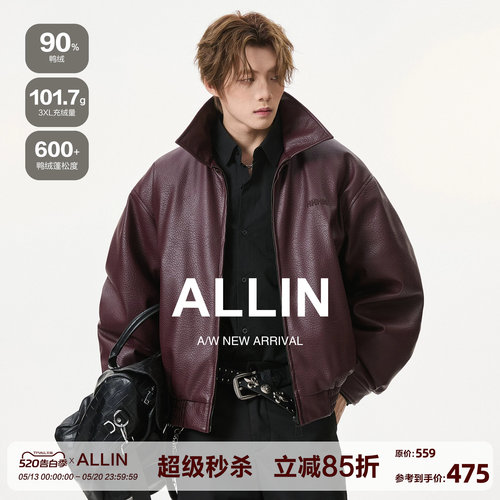 ALLIN 复古中性机车皮衣羽绒服男生冬季cleanfit翻领夹克情侣外套