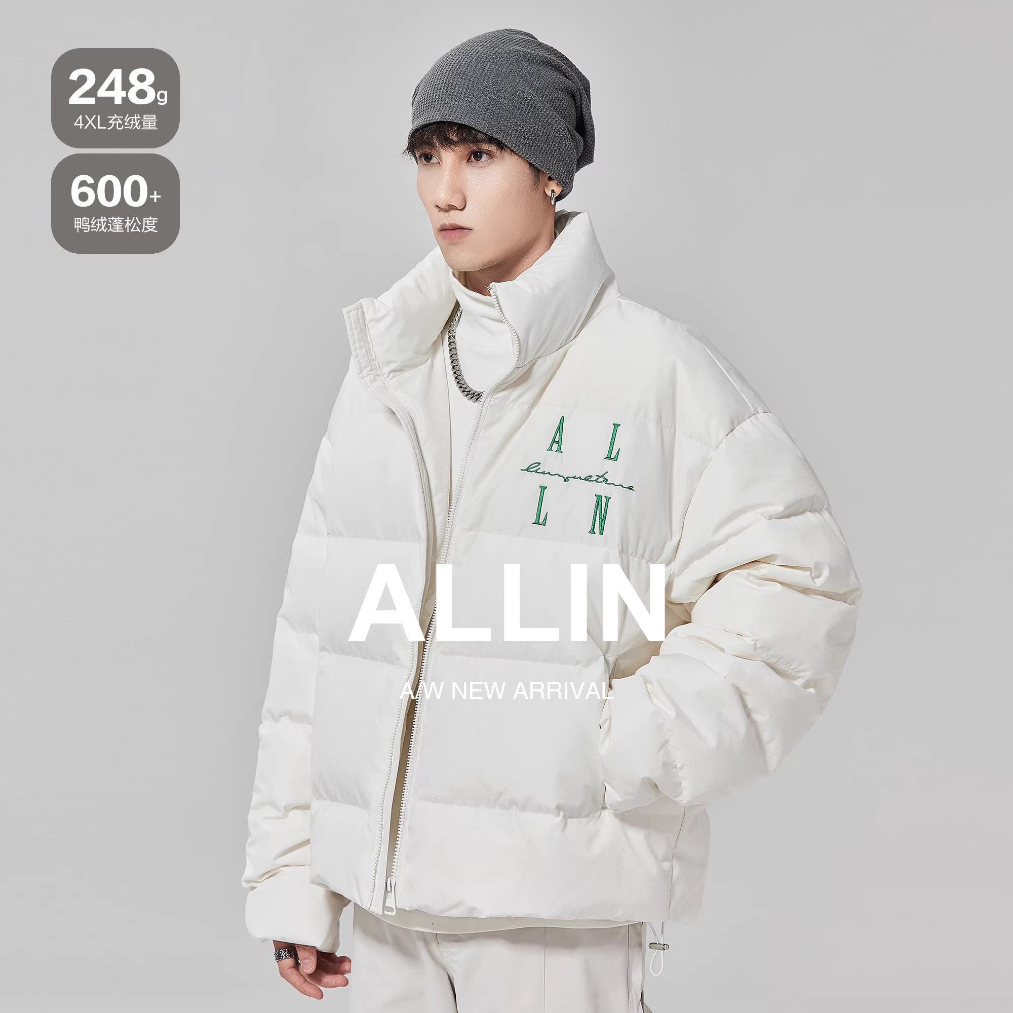 ALLIN 白色鸭绒羽绒服男秋冬潮牌立领面包服加厚保暖休闲情侣外套
