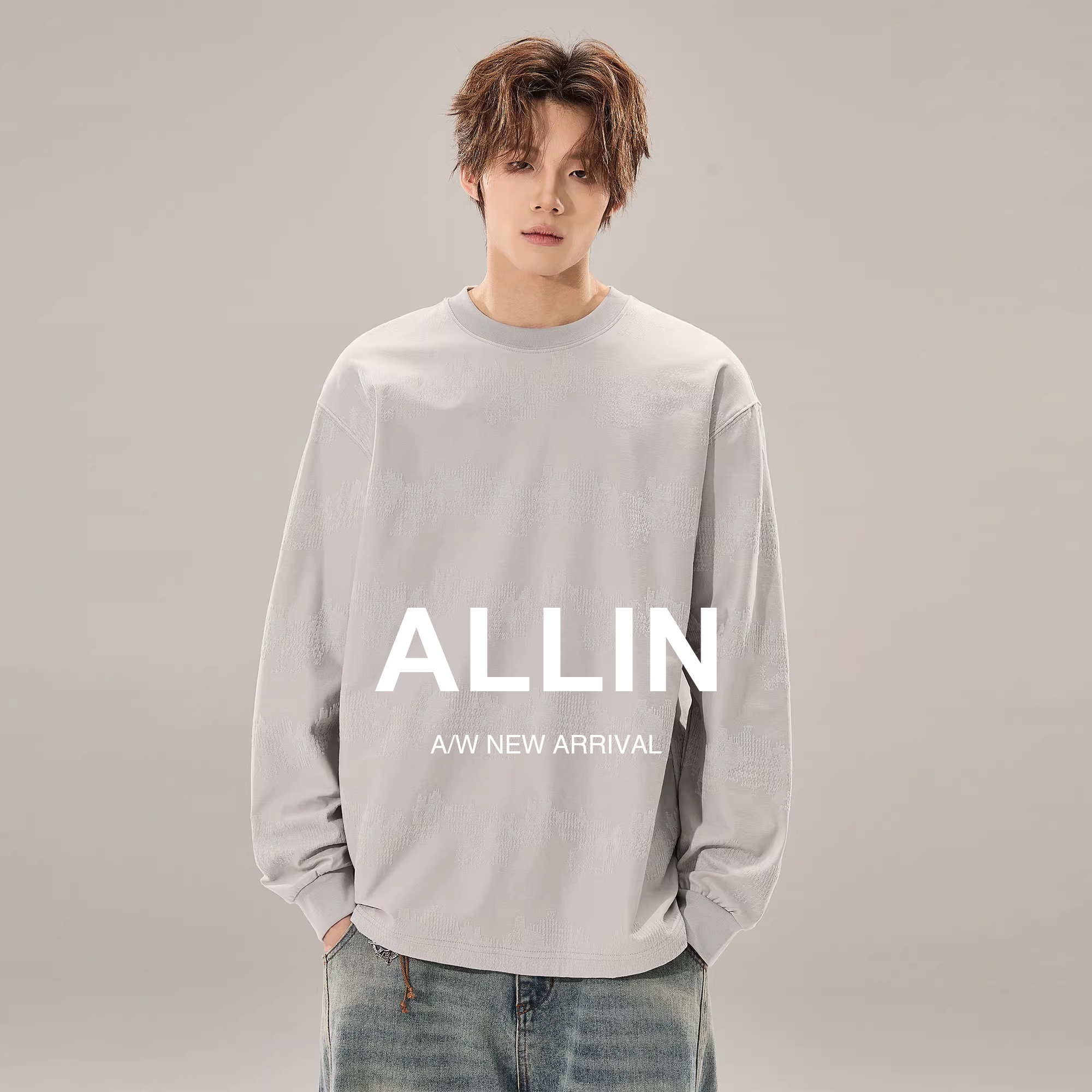 ALLIN 230g重磅廓形长袖T恤男春秋潮牌圆领套头百搭情侣打