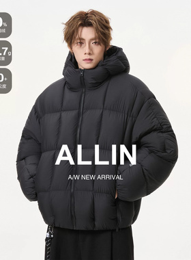 ALLIN 黑色连帽90羽绒服男生冬季情侣加厚防寒滑雪面包服保暖外套