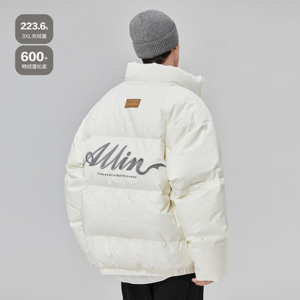 ALLIN 白色鸭绒羽绒服男款字母刺绣防寒保暖短款立领冬季休闲外套