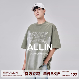 潮牌半袖 ALLIN 新款 t恤男2026夏季 情侣洗水印花上衣 纯棉重磅短袖