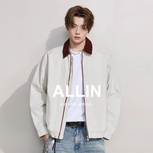 ALLIN 美式巴恩风复古翻领外套男春秋季纯棉工装休闲情侣行政夹克