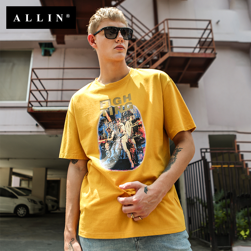 Allin男士短袖 2018夏季印花體恤歐美寬松oversize半袖T恤男黃色