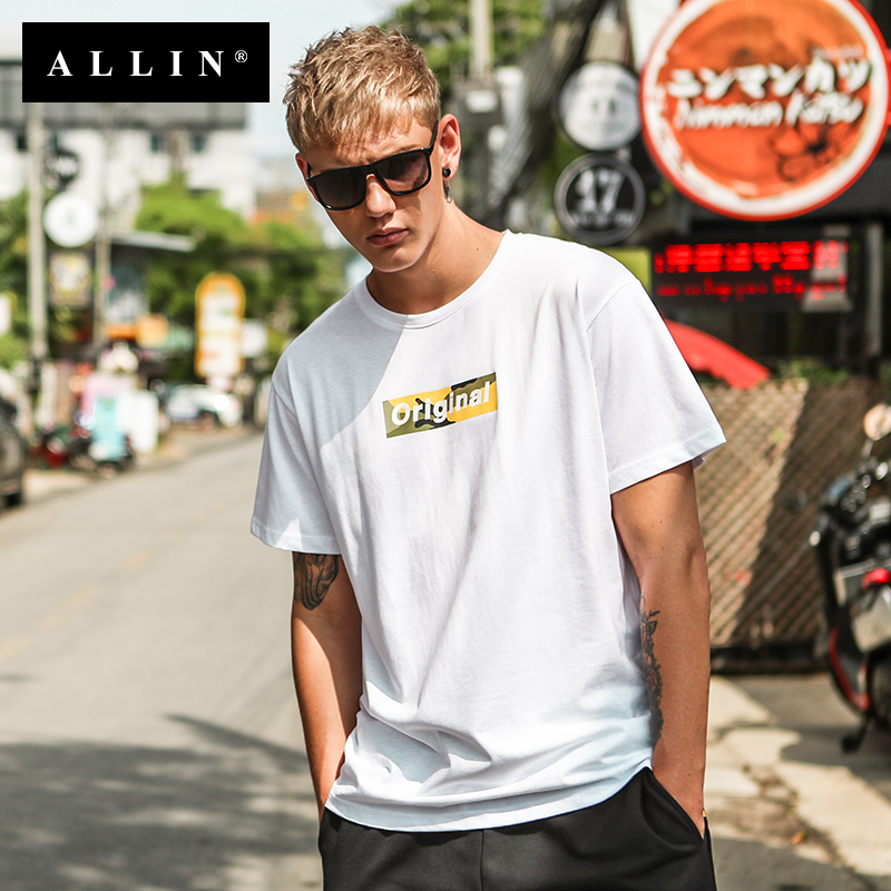 Allin2018夏季男裝歐美韓版字母印花修身 短袖T恤 男士半截袖體恤