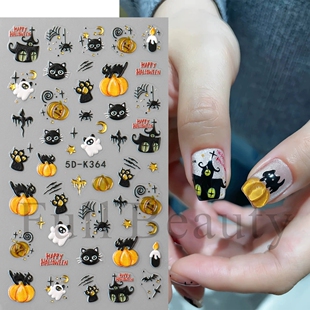 浮雕美甲贴纸万圣节可爱炸毛小猫南瓜幽灵蜘蛛网指甲贴纸美甲饰品