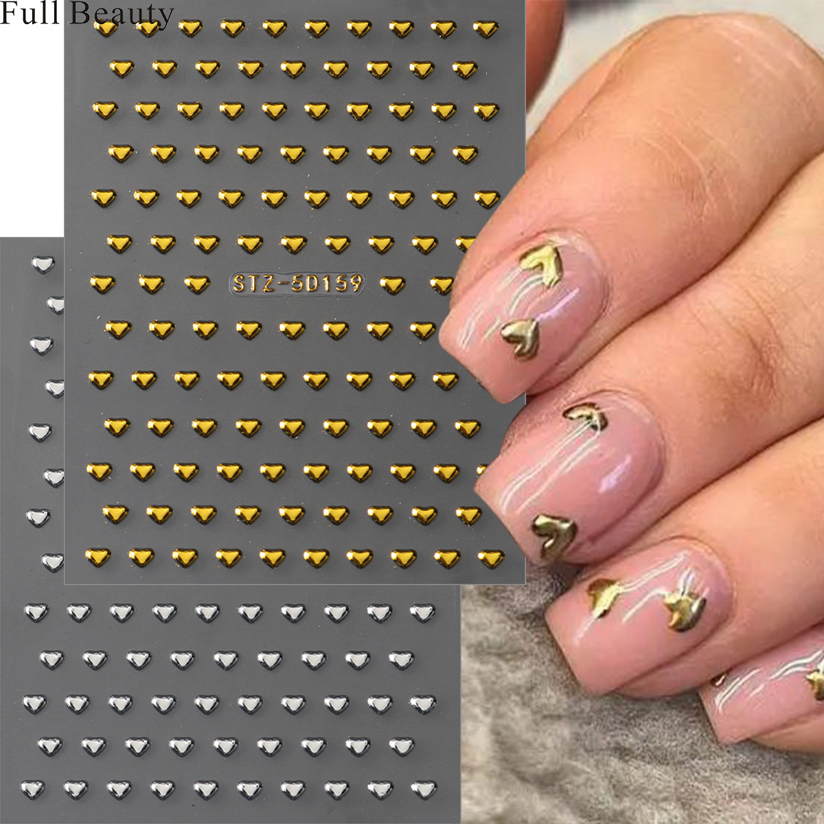 5D新款浮雕立体美甲贴纸烫金银迷你心形爱心指甲贴纸星芒饰品工具