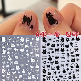 网红小猫咪美甲贴纸爆款可爱卡通猫ins甜酷涂鸦星星背胶美甲贴纸