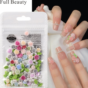 新款 饰品甜美立体玫瑰花珍珠树叶混合美甲钻饰配件工具 美甲袋装