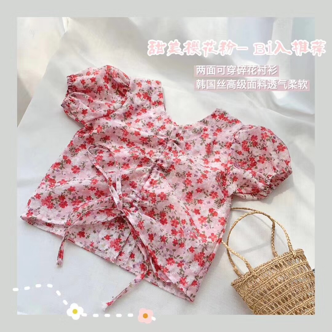 韩版女童碎花樱花两面穿衬衣T雪纺上衣夏装外贸童装两面上衣