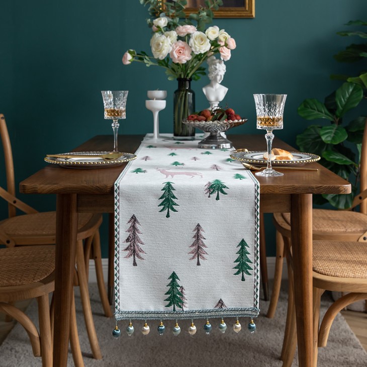 北欧茶几桌旗绿色圣诞松树麋鹿流苏客厅餐桌布电视柜斗柜盖布装饰