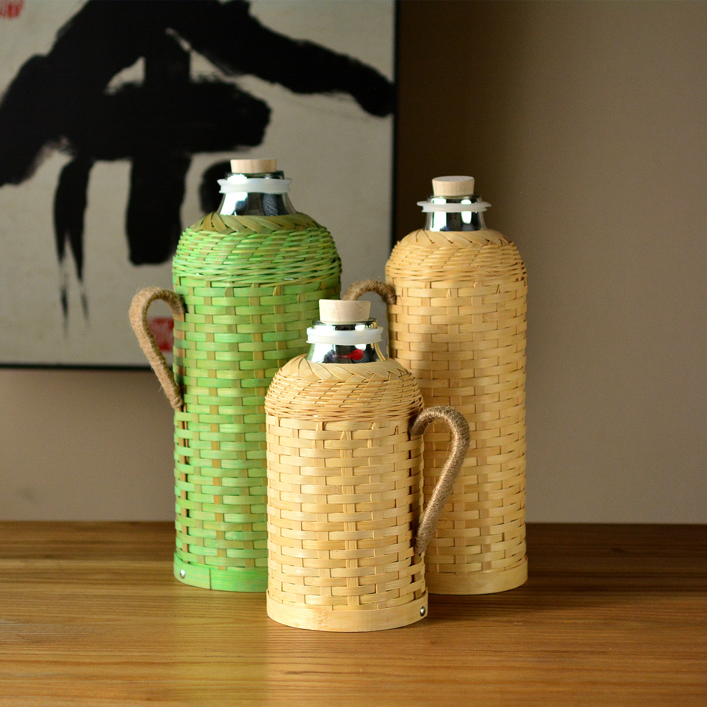 复古竹编宽丝热水瓶保温壶手工编织开水瓶玻璃内胆老式木塞开水瓶