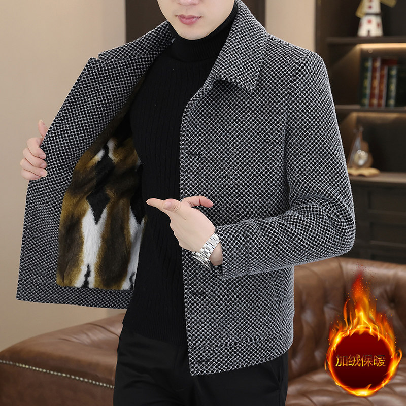 毛呢男外套秋冬季韩版修身休闲呢子大衣翻领纽扣百搭夹克衫加绒款,男装,毛呢大衣,淘宝优惠券,粉丝福利购,淘宝优惠卷