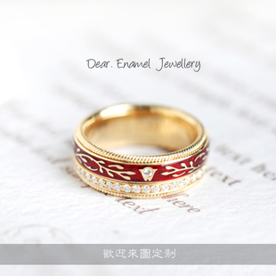 华o洛芙圈钻红木槿18k珐琅彩戒指旋转转动指环德国冷珐琅首饰定制