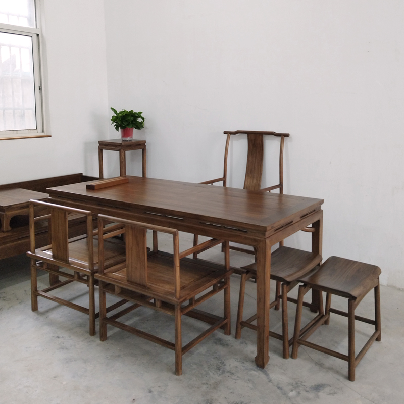 老榆木茶桌椅组合禅意新中式茶台实木书桌画案黑胡桃色茶室家具