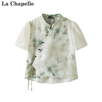 拉夏贝尔/La Chapelle夏季拼接新中式国风雪纺短袖T恤泼墨上衣女