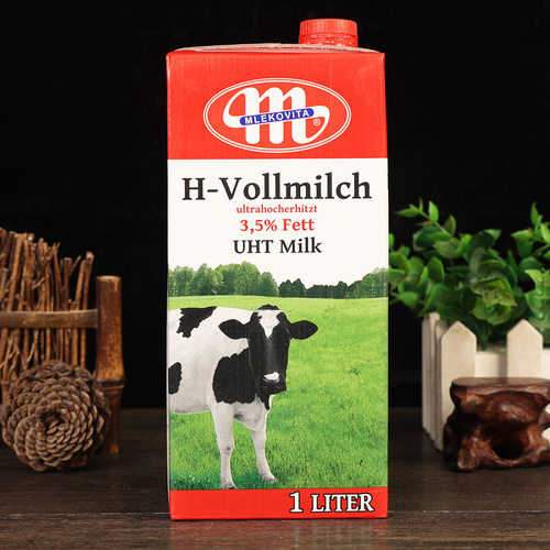 爱可维Mlekovita全脂牛奶1L*12盒商用咖啡奶茶店波兰原装进口