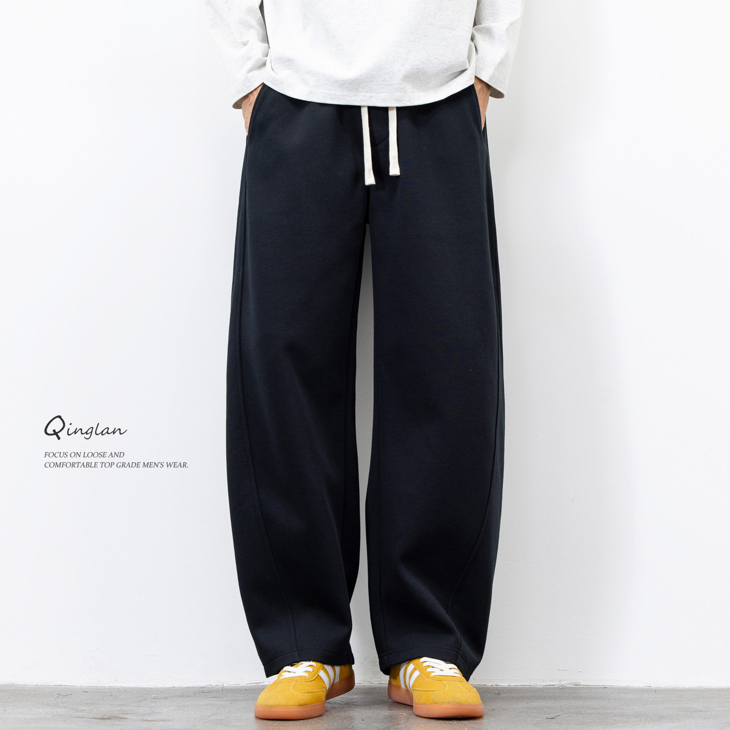 黑色裤子男宽松直筒美式休闲运动卫裤加绒加厚秋冬新款阔腿弯刀裤,男装,休闲裤,淘宝优惠券,粉丝福利购,淘宝优惠卷