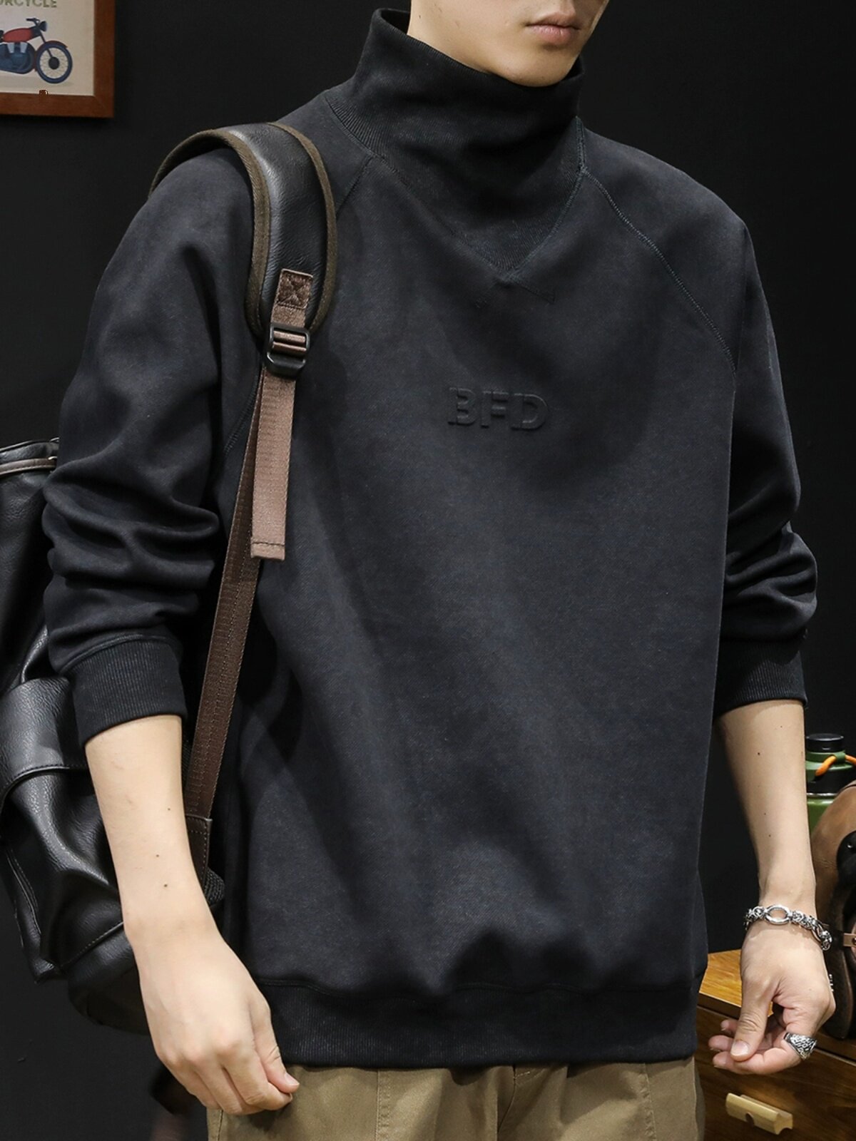 半高领潮牌休闲卫衣男春秋款男款衣服春季2026新款重磅大码黑色潮