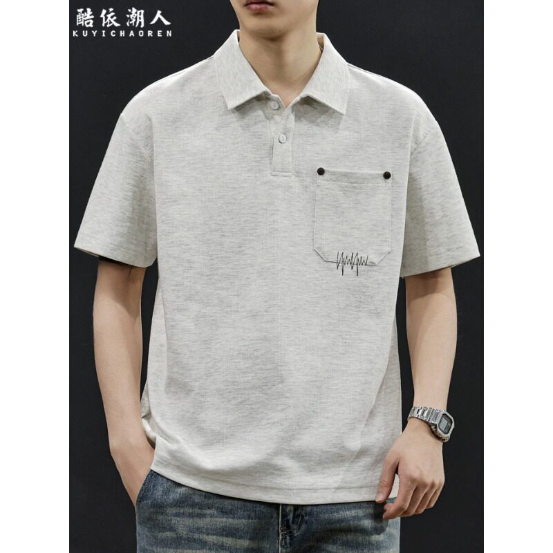 夏季2026新款透气翻领POLO衫男士短袖T恤口袋刺绣极简休闲大码潮