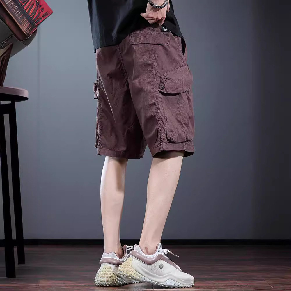 BROWN CASUAL SHORTS MENS SUMMER TRENDY CARGO CLOTHES FIVE-POINT PANTS MULTI-POCKET MEDIUM PANTS LOOSE SPORTS WEAR LARGE PANTS