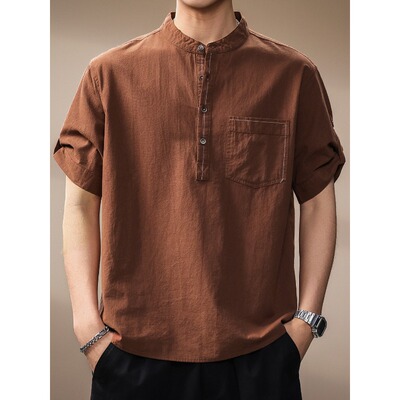 高端新中式立领短袖衬衫男纯棉