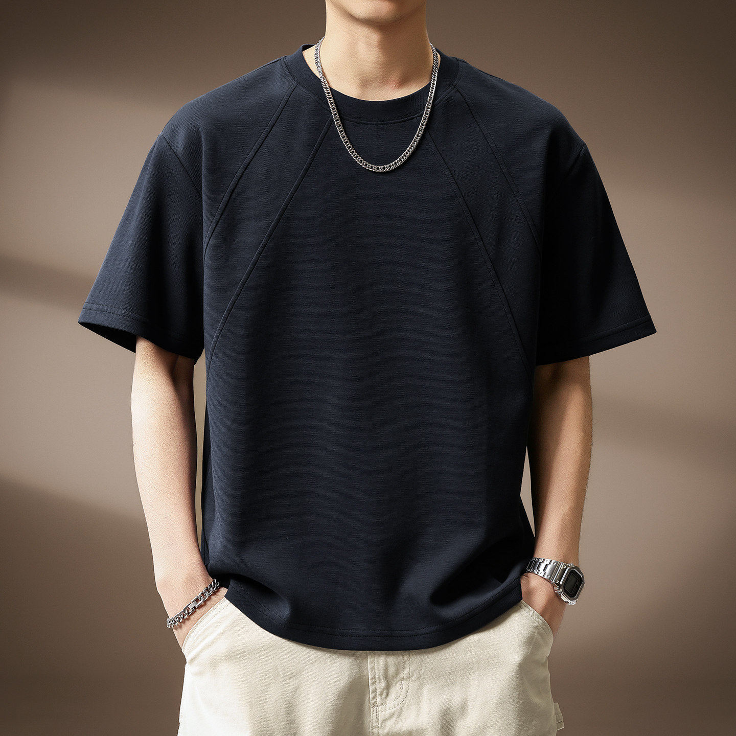 高端美式复古拼接插肩短袖T恤男2026夏季新款宽松简约老钱风上衣