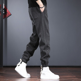 高端毛呢休闲裤男2025新款冬季加绒加厚束脚裤抽绳高克重保暖卫裤