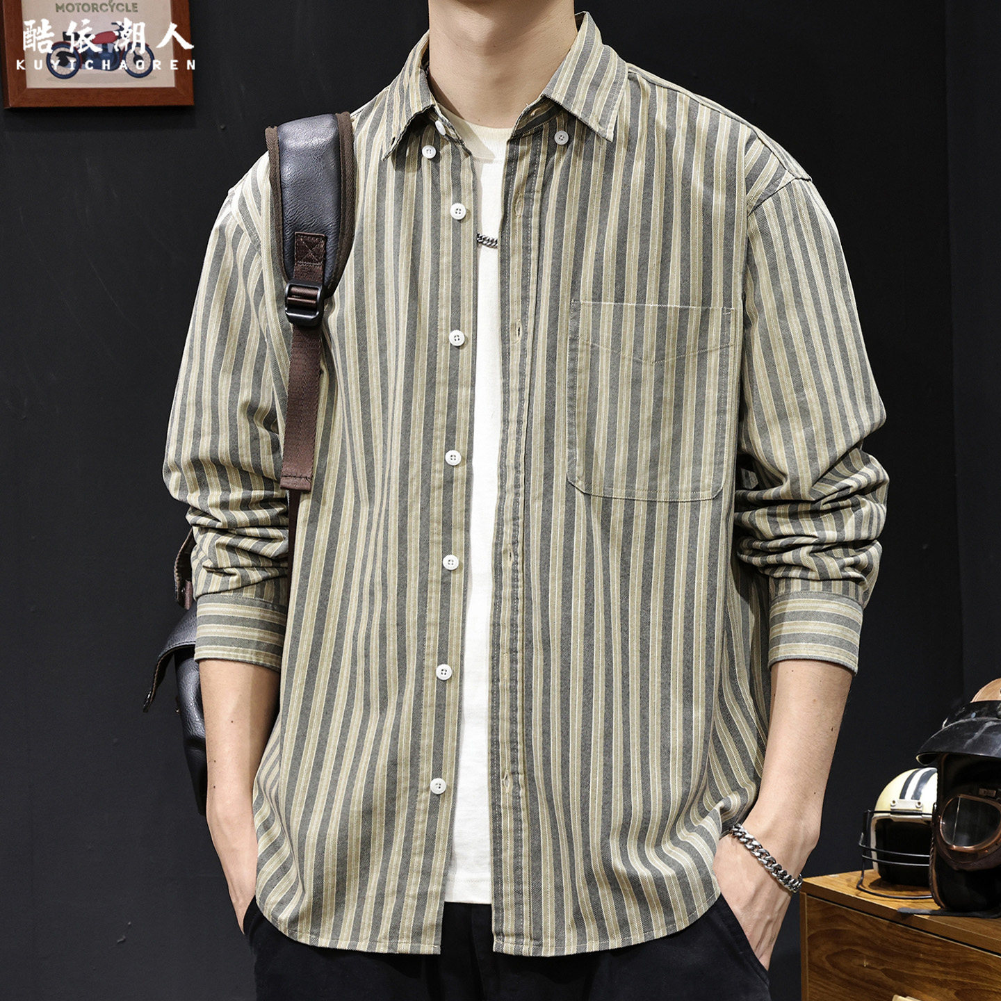 条纹长袖衬衫男士春季2026新款美式休闲高端纯棉潮牌大码外套春秋