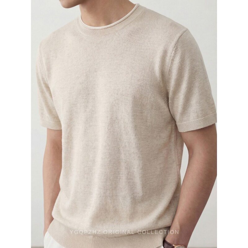 老钱风极简舒适天丝亚麻混纺短袖针织衫男士上衣2026春夏圆领T恤