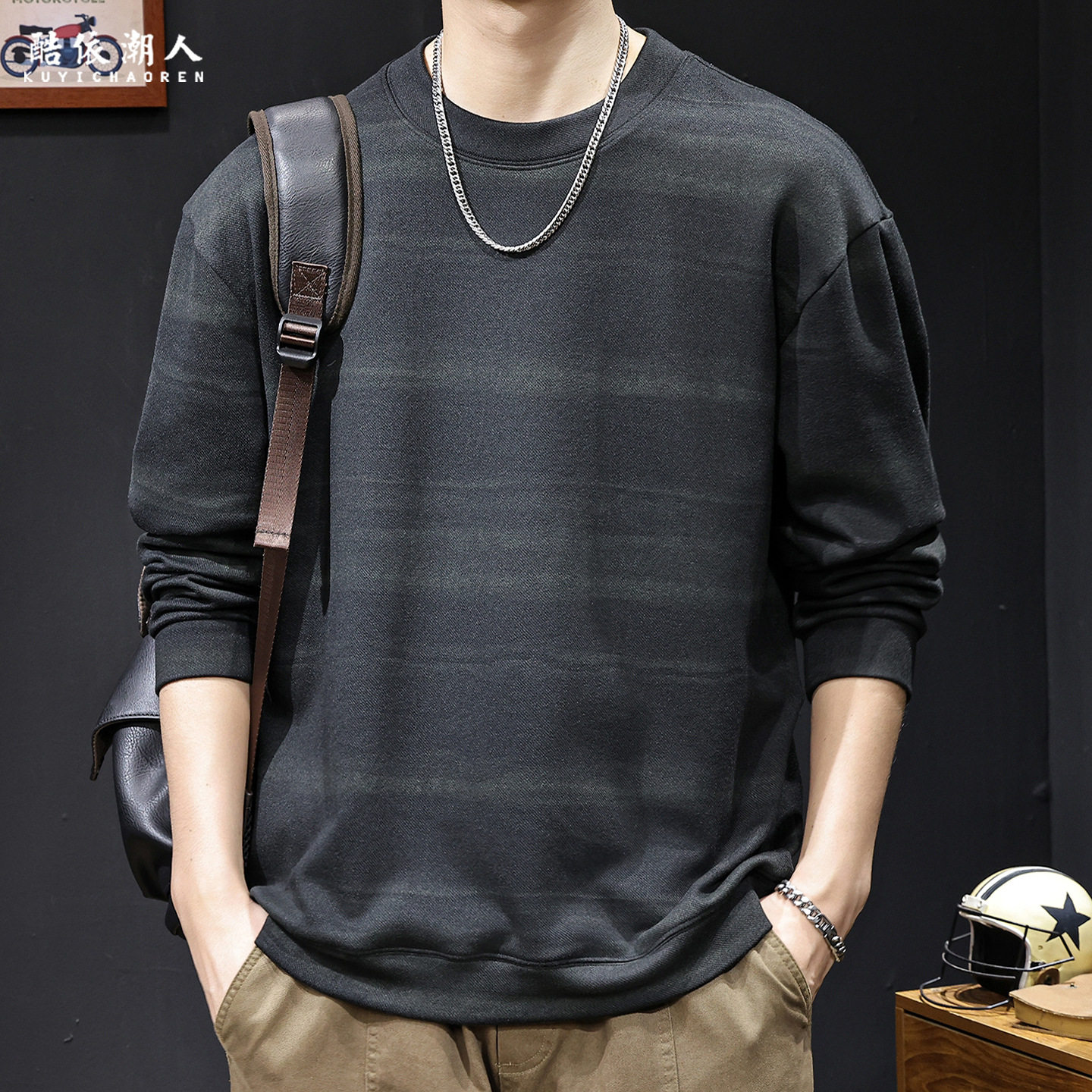 2025新款长袖t恤男士卫衣秋季宽松大码复古纹路柔软打底内搭春秋