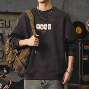 潮牌宽松加绒卫衣男美式复古重磅长袖T恤男款云染休闲圆领打底衫