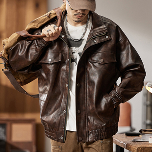 美式经典复古软皮衣男宽松机车服秋季潮牌硬汉皮夹克外套男春秋款
