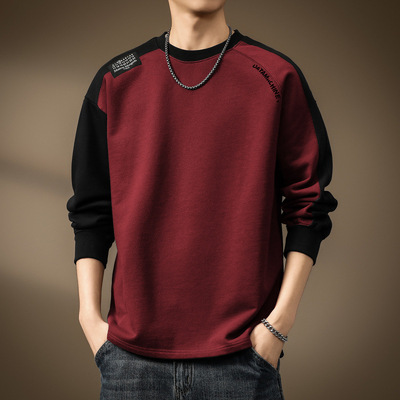 高端重磅酒红色拼接插肩长袖T恤