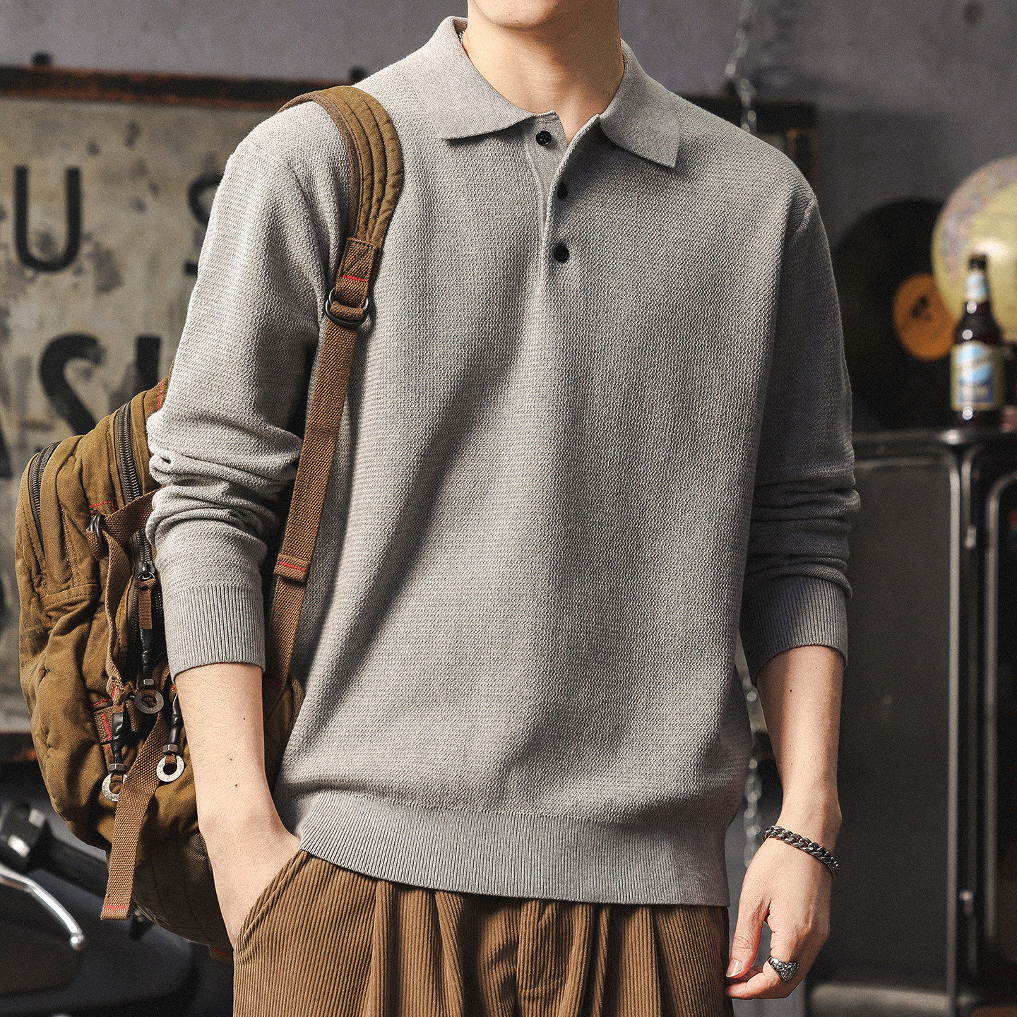 美式休闲polo领针织衫男高级感痞帅百搭毛衣秋冬保暖长袖打底衫潮