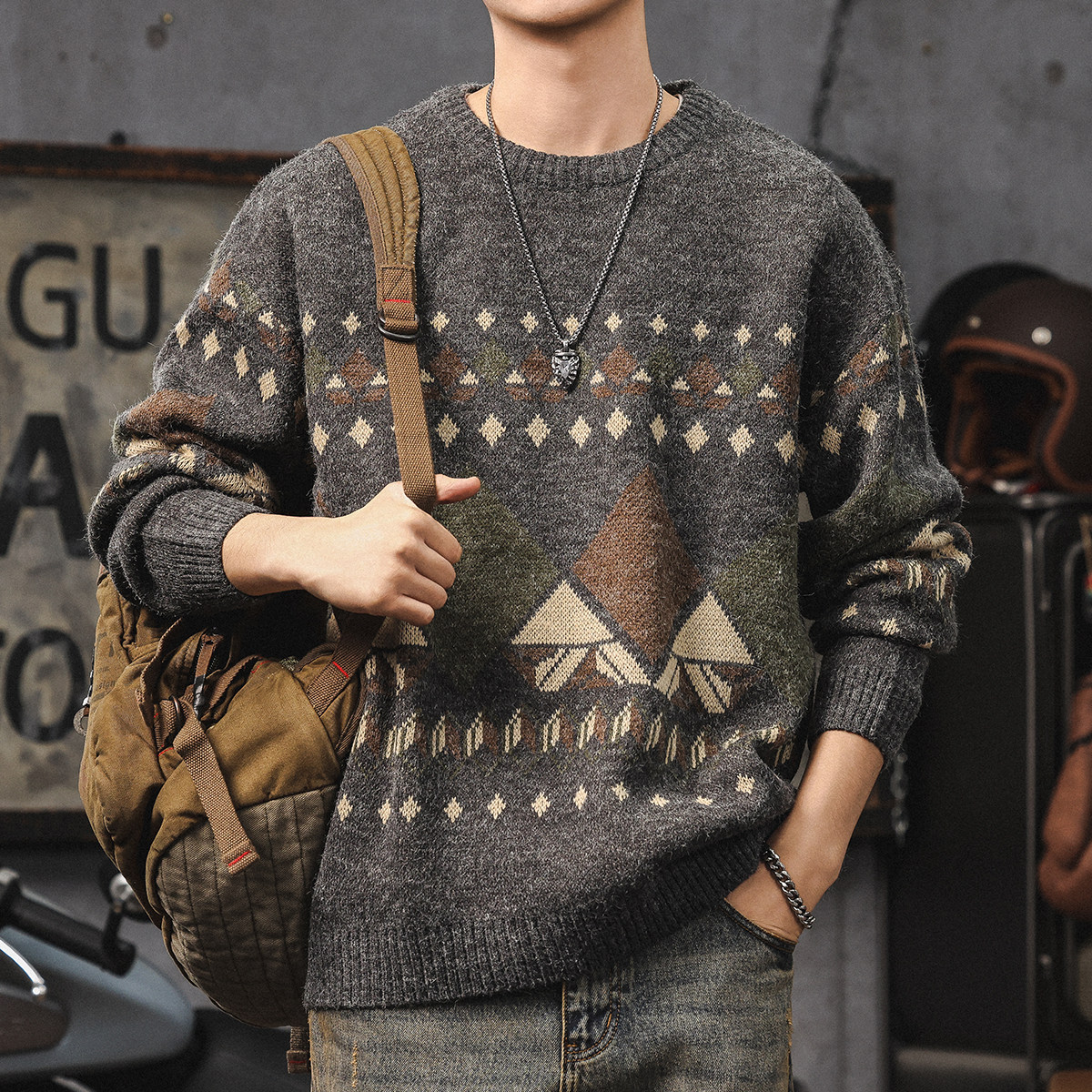 高级感针织毛衣男秋冬复古民族风加肥加大线衣外套加厚保暖打底衫