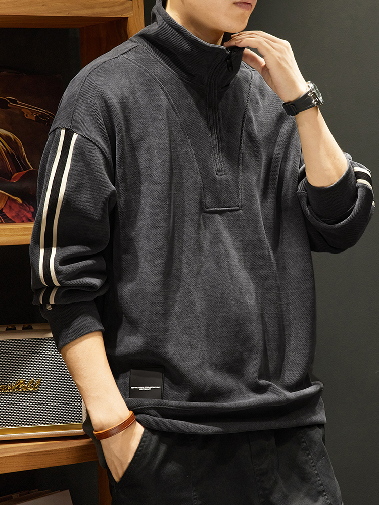 秋季半拉链立领卫衣男士秋冬加绒加厚雪尼尔休闲上衣潮牌拼接外套