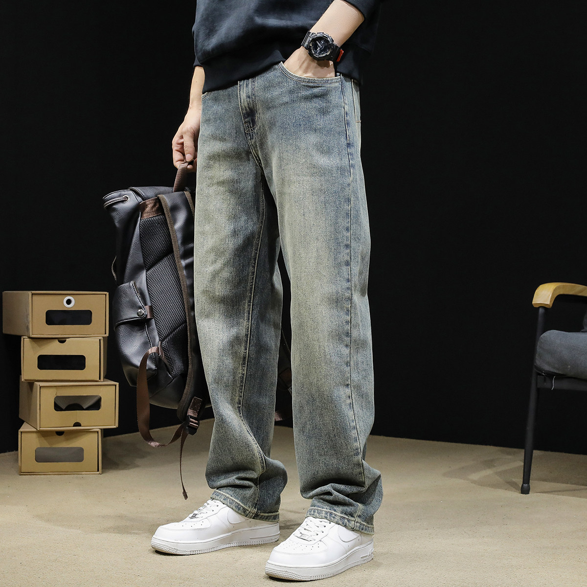 秋冬2025新款加绒牛仔裤男直筒潮牌宽松大码男士弹力美式复古裤子