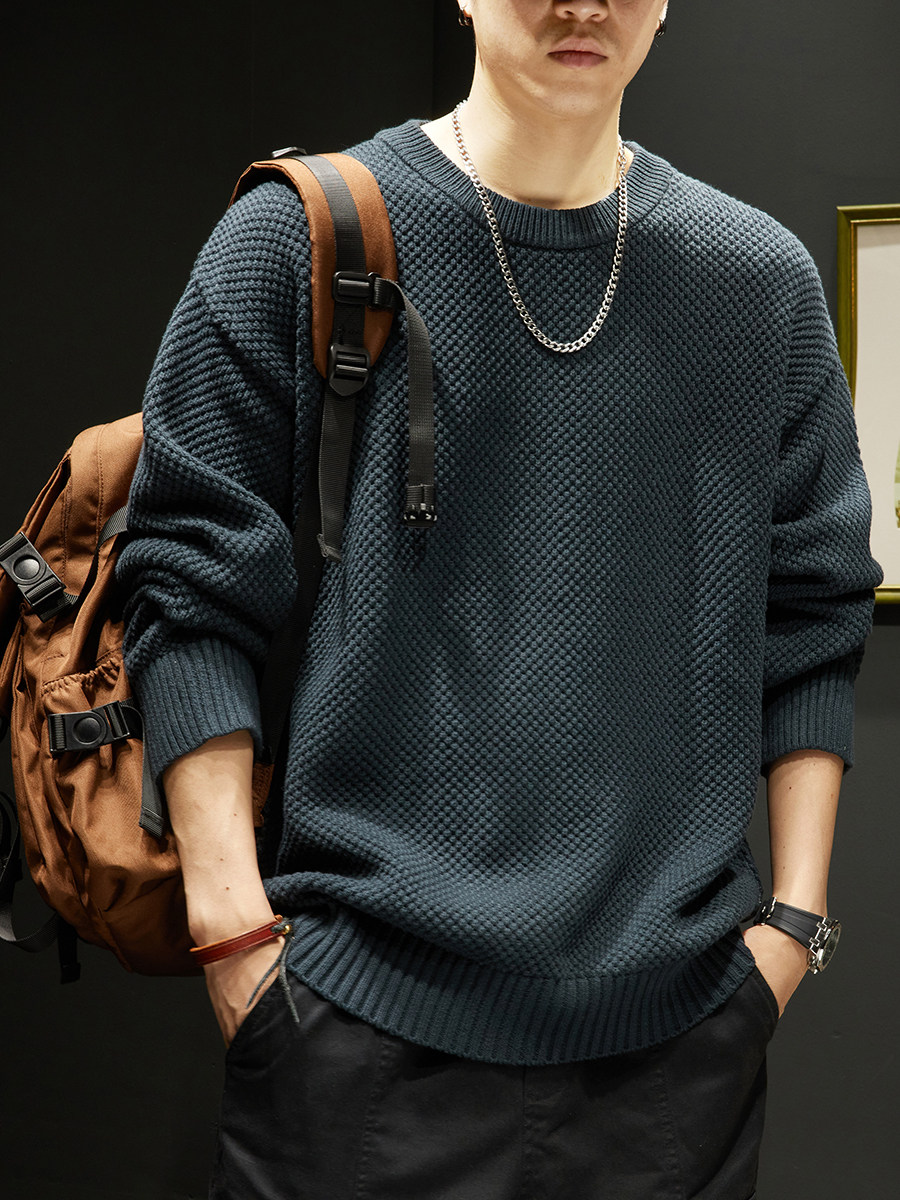 美式复古重磅圆领毛衣男士秋冬季新款潮流宽松百搭菠萝纹针织衫男