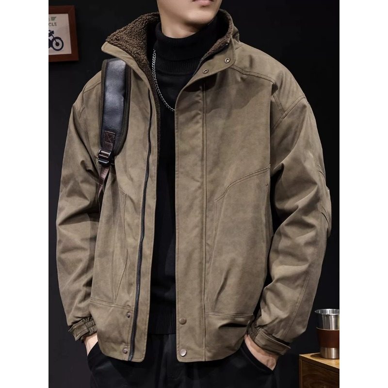 羊羔绒外套男秋冬保暖加厚2025新款男士休闲工装夹克美式棉衣立领