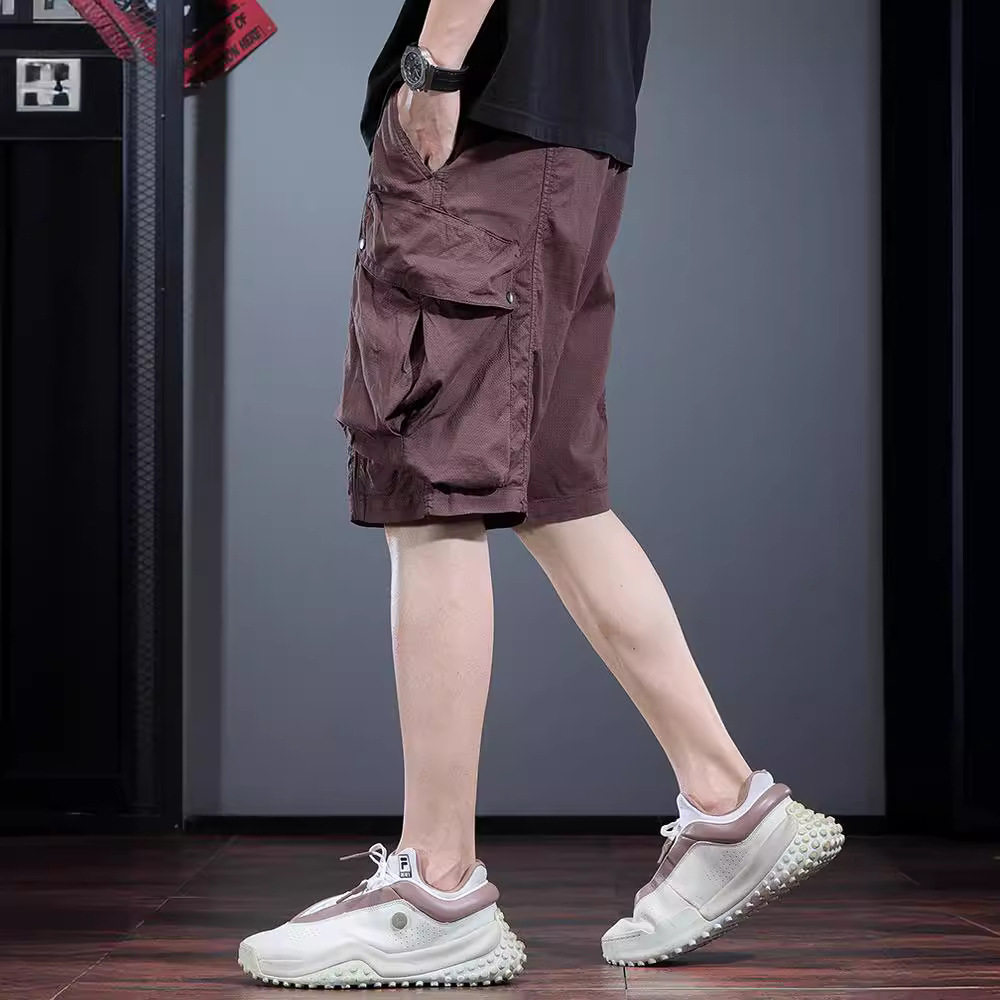 BROWN CASUAL SHORTS MENS SUMMER TRENDY CARGO CLOTHES FIVE-POINT PANTS MULTI-POCKET MEDIUM PANTS LOOSE SPORTS WEAR LARGE PANTS