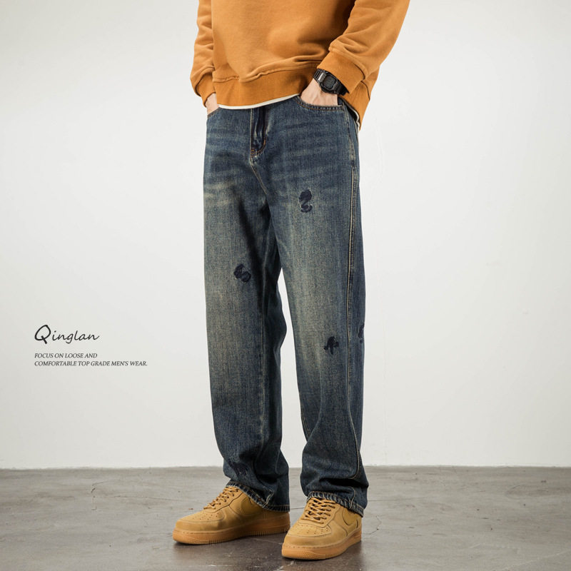 秋冬款刺绣牛仔裤男直筒宽松休闲美式复古加绒裤子加厚2025新款