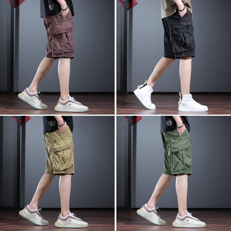 BROWN CASUAL SHORTS MENS SUMMER TRENDY CARGO CLOTHES FIVE-POINT PANTS MULTI-POCKET MEDIUM PANTS LOOSE SPORTS WEAR LARGE PANTS