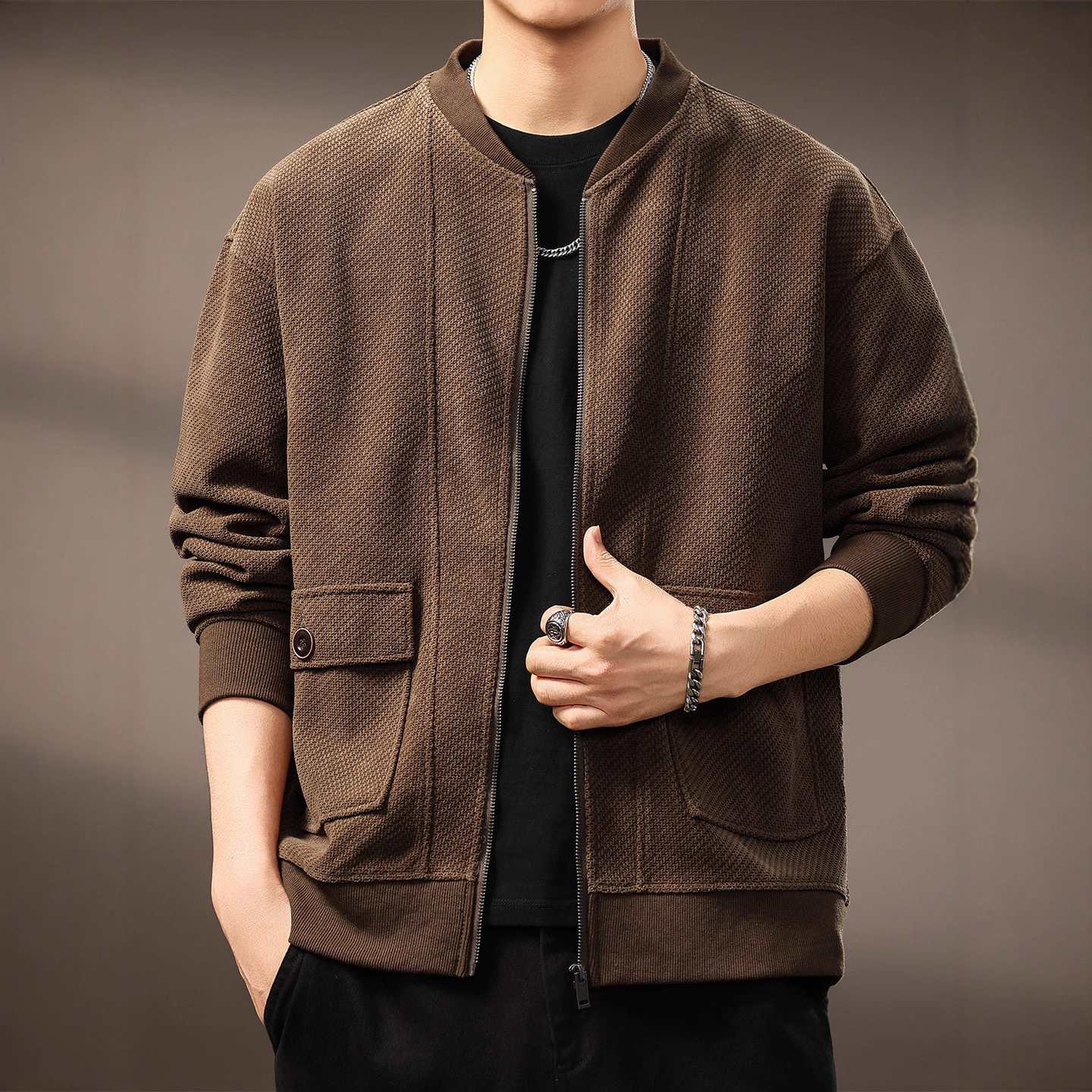 高端美式复古开衫欧棉绒立领夹克男士2025秋季新款宽松棒球领外套