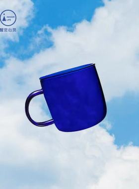 蓝色太阳水杯带柄圆润纯蓝玻璃HaHa哈哈杯太阳水杯耐热公众号同款