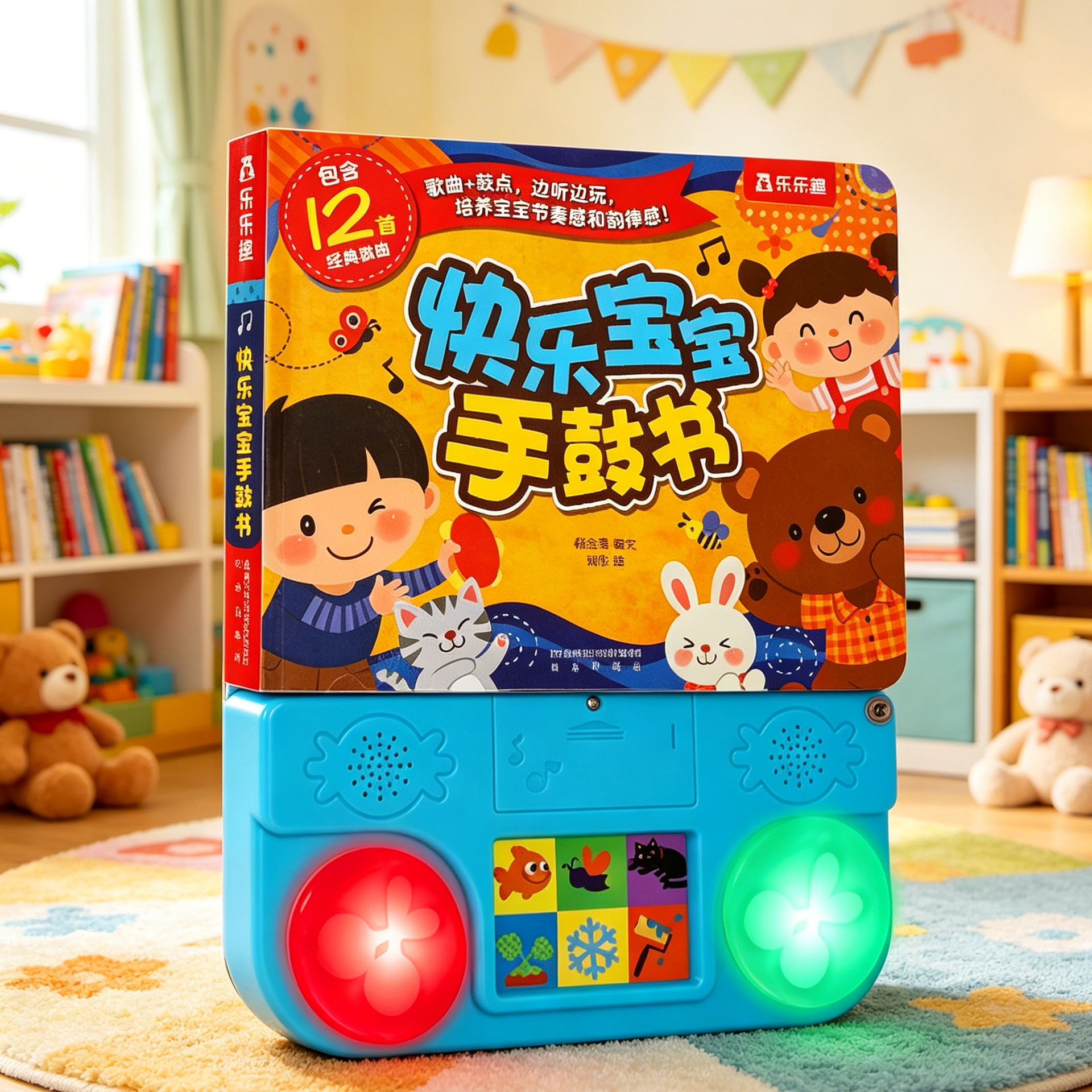 乐乐趣 发声书手鼓书宝宝0-3岁点读儿童歌谣益智玩具儿童智力开发有声书童谣绘本快乐宝宝手鼓婴幼儿早教蒙氏教具启蒙互动书籍